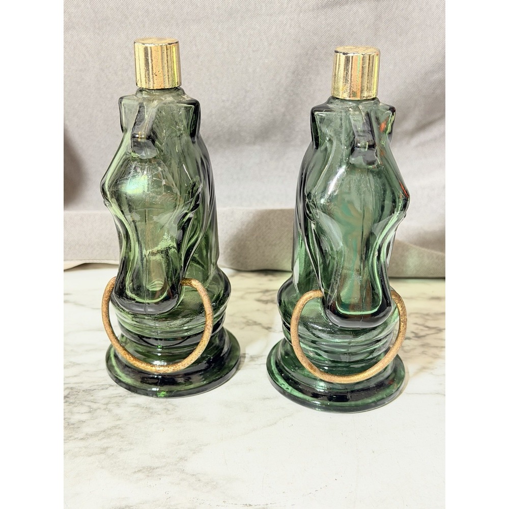 2 Avon Horse Head Bottles Wild Country After Shave Green Glass Empty (3273)